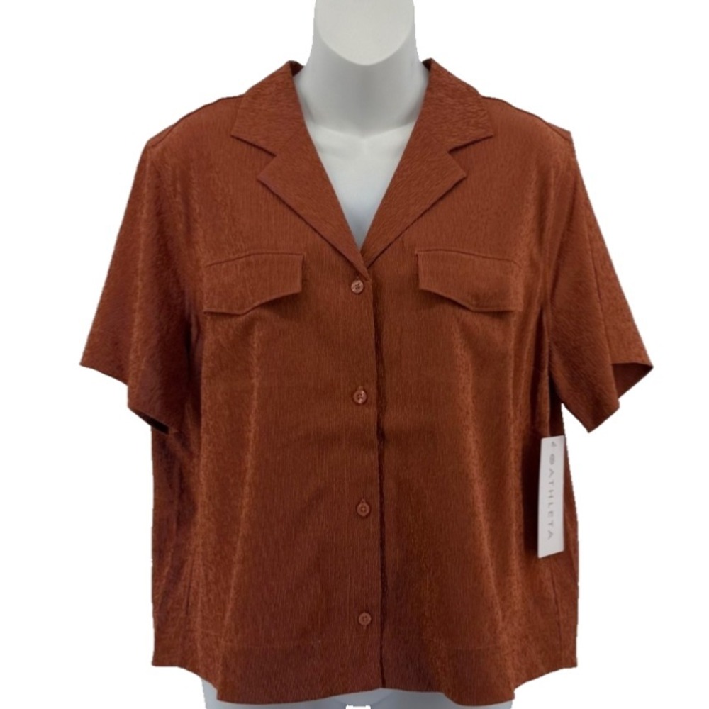 Athleta Echo Top Medium Rust Button Up Camp Shirt Lightweight Travel NWT
